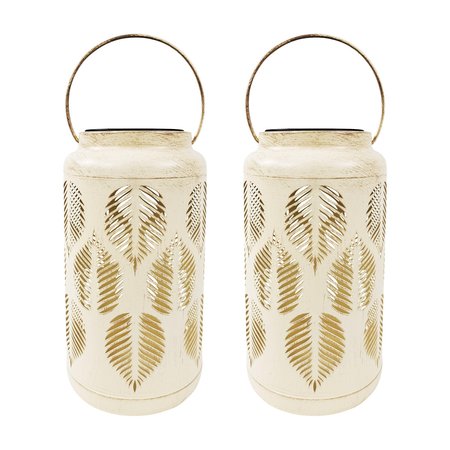 SNOW JOE Bliss Outdoors Set of 2 Solar LED Lanterns w Tropical Leaf Design  Hand Painted Finish BSL-311-WH